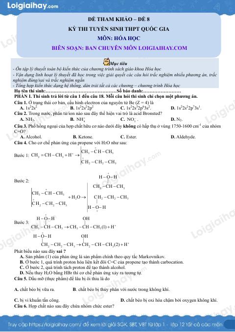 Đề tham khảo thi THPT môn Hóa - Đề số 8 (hay, chi tiết)